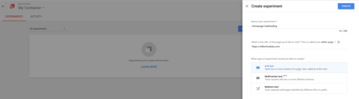 Google Optimize Create Experiment