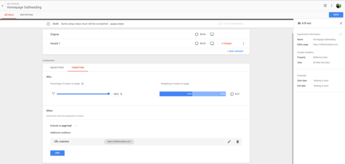 Google Optimize Experiment Screen