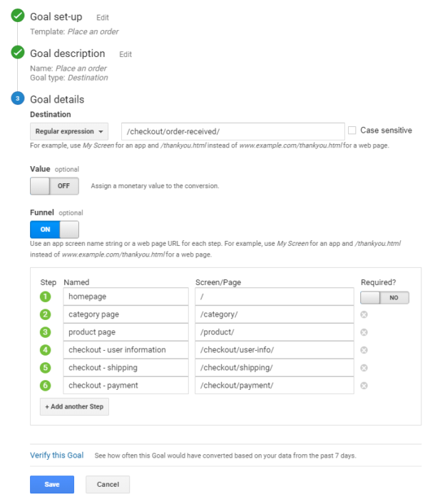Google Analytics Transactions Goal with Funnel