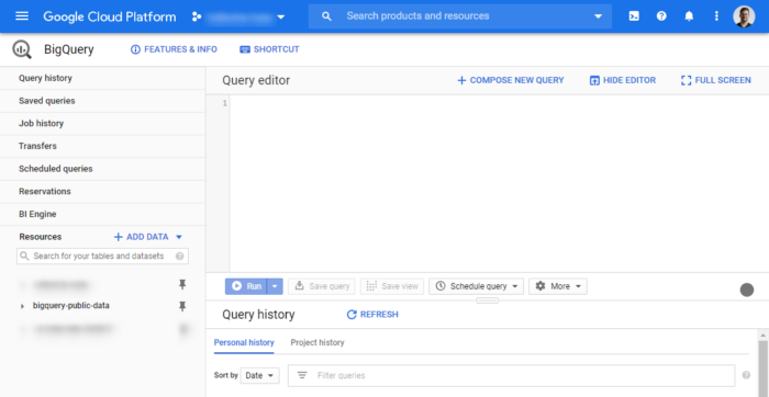 BigQuery home screen