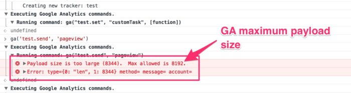 Google Analytics hit payload length limit 8000 bytes