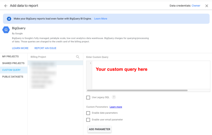 Custom SQL query in Data Studio